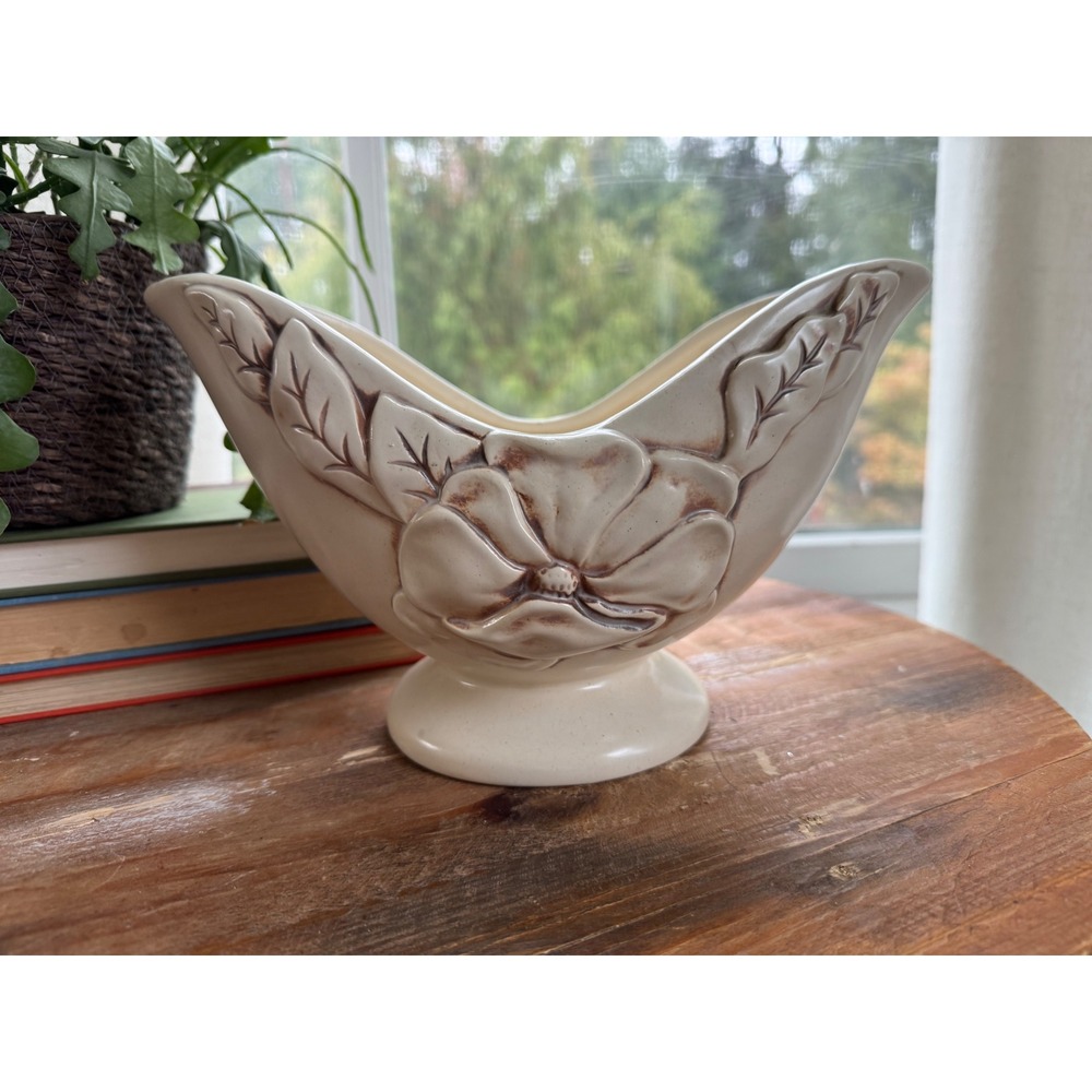 Mid Century Red Wing Pottery Magnolia Console Footed Bowl - As Is / Hairline